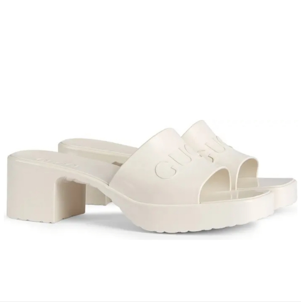 Gucci Rubber Logo Platform Slide Sandal in Mystic White Size 42